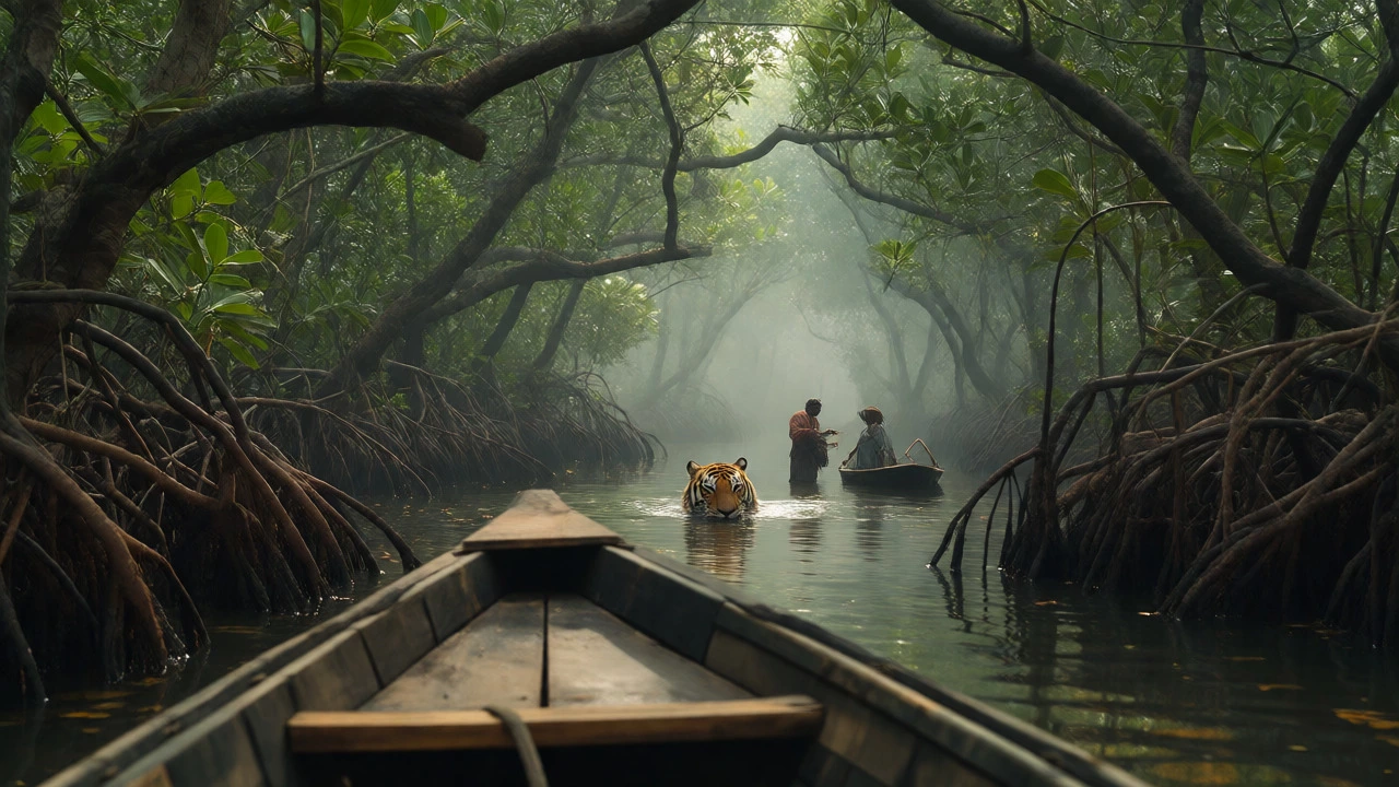 Boat safari in Sundarbans mangroves spotting a tiger in the distance