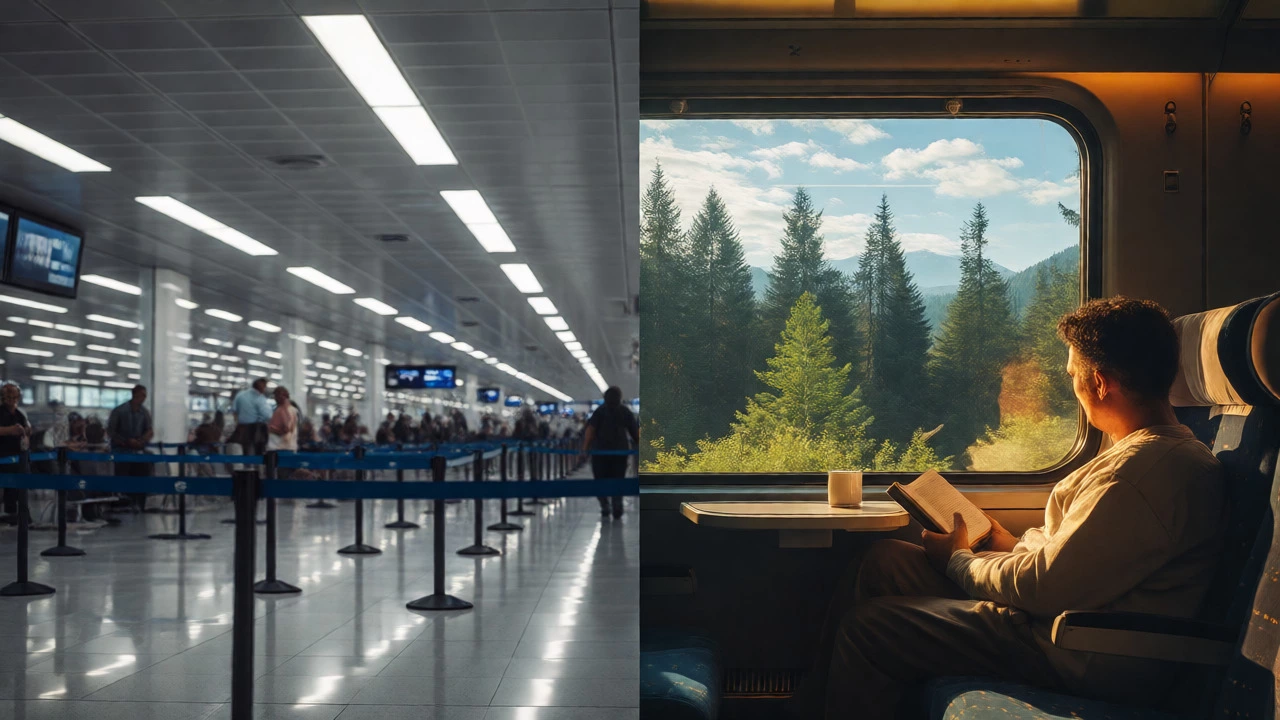 Contrast between stressful airport chaos and peaceful scenic train journey