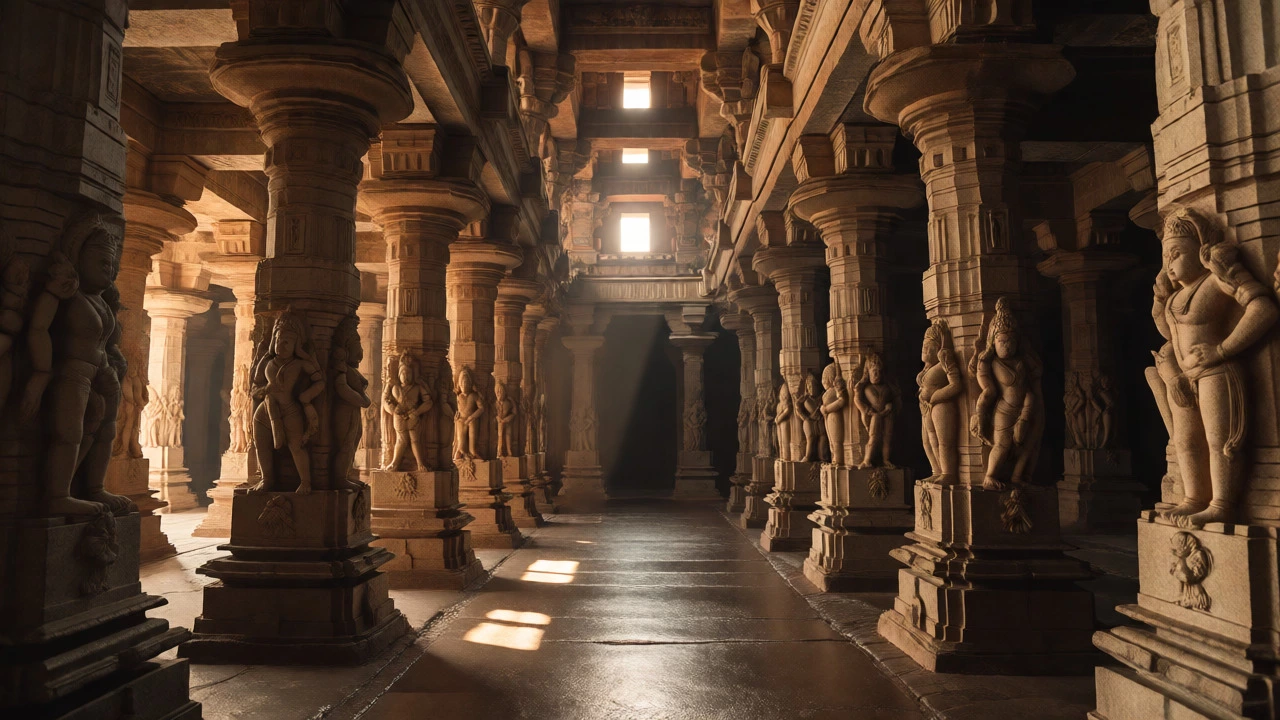 Intricately carved pillars inside the Thousand Pillar Hall of Meenakshi Amman Temple.