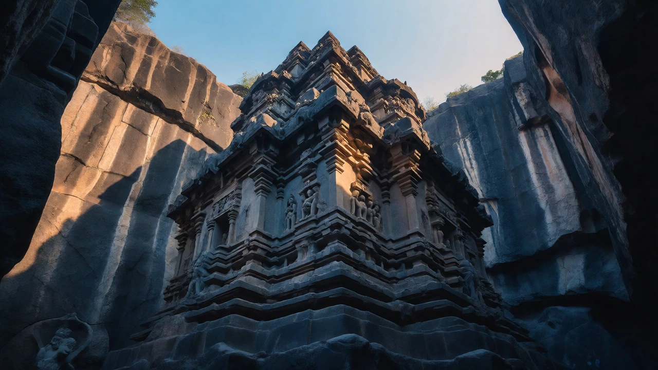 Monolithic Kailasa Temple carved from rock at Ellora Caves in early morning light.
