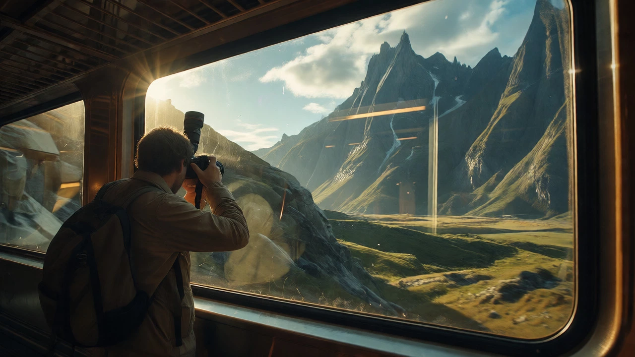 Photographer capturing alpine scenery through scenic train window