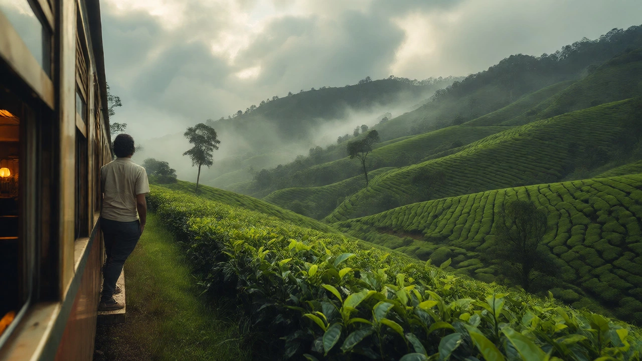 Scenic view of Sri Lankan tea plantations from a moving train window